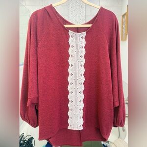 Easel Burgundy Top with White Lace Detail